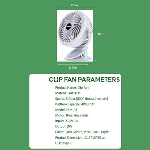 Image of efluky 4000mAh Rechargeable Clip Desk Mini Fan, Portable Table Fan, USB Rechargeable Clooing Fan for Men & Women, USB Battery Powered Quiet Personal Fan,5 Speed for Home Office Travel (White)
