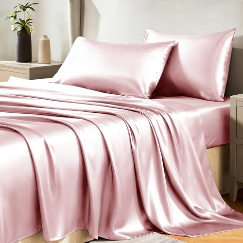 CozyLux Satin Sheets Full Size Sheets - Silky Soft Bedding Similar to Silk 4 Piece Sheet Set for Hair and Skin Deep Pocket with All-Around Elastic Home Decor for Bedroom Dirty Pink