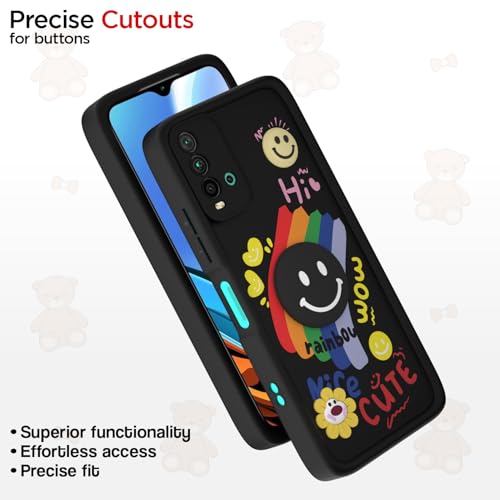 Image of Pikkme Back Cover for Redmi 9 Power /Poco M3 | Soft Silicone| Cute Rainbow Smile & 3D Cartoon Flower Design | Shockproof Raised Camera Protection Bumper Case (Black)