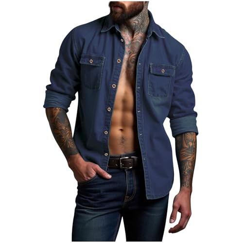 Mens Button Up Denim Shirts with Two Pockets Casual Long Sleeve Button Down Lapel Shirt Outdoor Summer Work Blouses