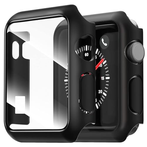 NEW'C 2 Pezzi Cover + Pellicola Prottetiva per Apple Watch Series 3/2/1 42mm - Custodia HD con protezione in vetro temperato integrata per Apple Watch 42mm Serie 3/2/1 - Nera