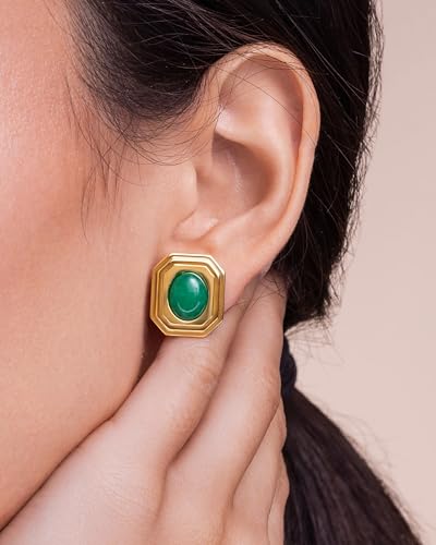 Dainty Square Rectangular Textured Chamfered Green Gold Jade Natural Gemstone Statement Earrings for Women by SNGIA, Small Vintage Button Bold Handmade Natural Retro Trendy Bohemian Jewelry Gifts, Unique Baroque Stone Summer Beach Fashion Stud Earrings Accessories, Nickle Free Huggies Earrings.4