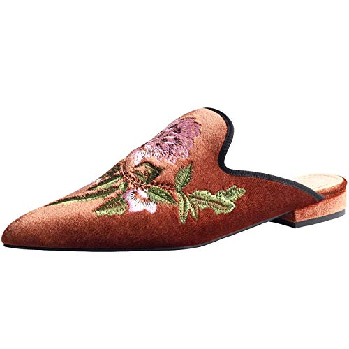 Image of Fericzot Women's Velvet Backless Pointed Toe Slip On Loafers Flats Embroidery Mule Slippers Shoes