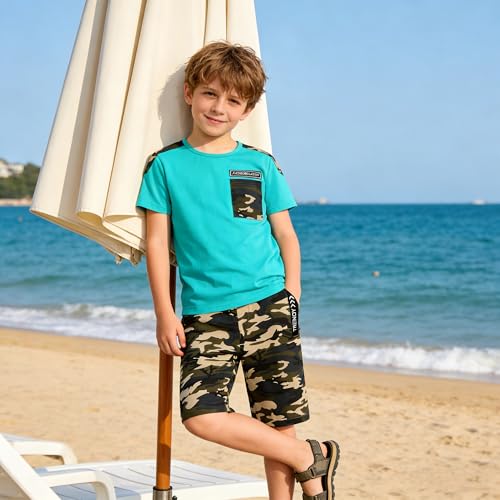 Image of LOLANTA Boy Summer Outfit Casual Clothes 2Pcs Cotton T-shirt Shorts Set | Kids Short Sleeve T-Shirt, Boy Camouflage Knee-length Shorts, Breathable Fashion Outfits, School Daily Matching Clothing Sets