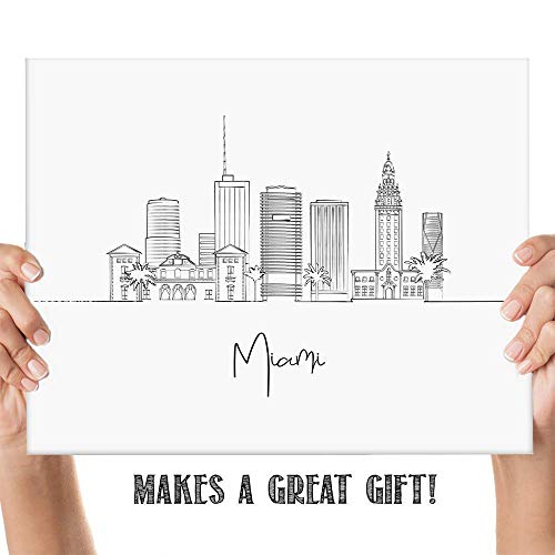 Tj Originals Miami, Florida City Skyline Landscape Hand Illustrated Wall Art Decor - Unframed 11 X 14 Black & White Print - Anniversary Travel Gift Ideas #TOP2