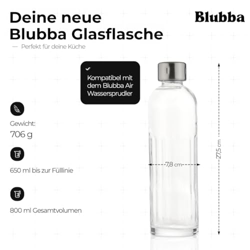 Blubba Glasflasche für Wassersprudler Air, spülmaschinenfest, geschmacksneutral, mit Verschluss aus Edelstahl, schmal und elegant