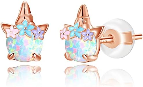 Hypoallergenic Unicorn Stud Earrings for Girls Women 925 Sterling Silver Rose Gold Unicorn Opal Earring Studs for Sensitive Ears Unicorn Gifts for Girls.