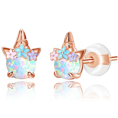 Hypoallergenic Unicorn Stud Earrings For Girls Women 925 Sterling Silver Rose Gold Unicorn Opal Earring Studs For Sensitive Ears Unicorn Gifts For Girls. #TOP2