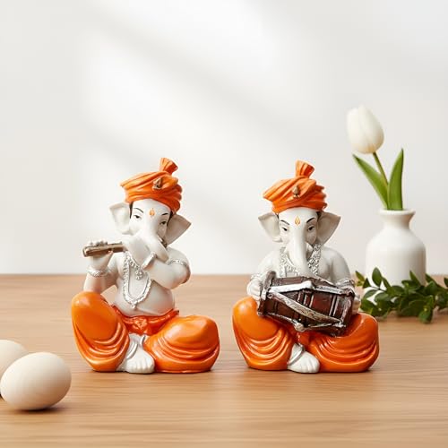 Image of Sitting Ganesha with Musicall Instrumnents Decorative Statue for Home Decor - (Set of 2 Piece, White & Orange)