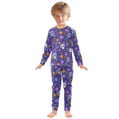Fustylead Hand Draw Day Of The Dead Skulls and Purple Floral Cotton Pajamas 2-Piece Long Sleeve Sleepwear Matching Set3