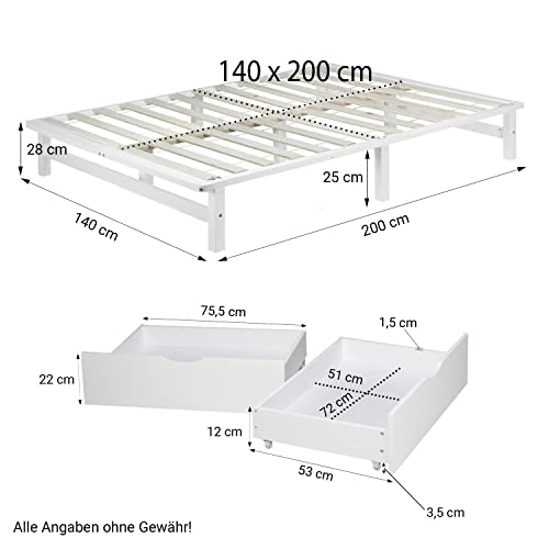 Homestyle4u Holzbett Palettenbett 140x200 cm 2 Schubladen Bettgestell mit Lattenrost Weiß Kiefer Massivholzbett