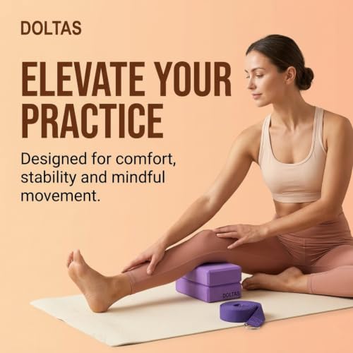 Image of DOLTAS High Density Foam Yoga Block Set of 2 with Yoga Strap - Non-Slip Lightweight Bricks for Improved Balance, Flexibility, Strength & Stability - Support for Pilates, Stretching & Meditation