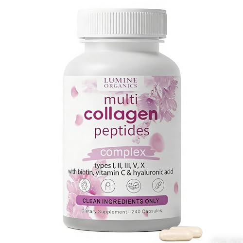 Lumine Organics 1PCSLumine Organics Collagen Collagen Peptides Type I II III V X with Biotin Hyaluronic Acid Powder Vitamin C Non-GMO 240 Capsule (1PCS)
