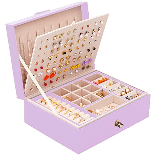 Qbestry Stud Earring Organizer For Girls Stud Jewelry Box For Earrings Necklace Jewelry Organizer Studs,Girls Earring Box For Womens Necklace Holder Rings Organizer Jewelry Earring Storage Box,Purple #TOP18