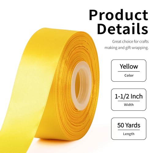 Image of Mauproy 1-1 /2 Inch Wide Yellow Satin Ribbon, 50 Yards Solid Polyester Fabric Ribbon for Roses Making, Gift Wrapping, Flower Bouquets, Wedding Decorations, Handmade Crafts