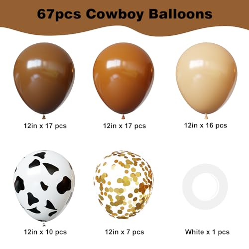 Image of YMSZ Brown and Cow Print Balloons, 67pcs 12 Inch Cowboy Balloon, Brown Western Balloons for Farm Cowboy Western Baby Shower Birthday Party Decorations