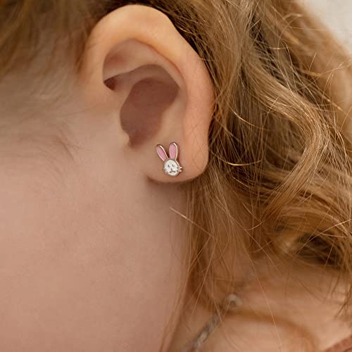 925 Sterling Silver Pink & White Enamel Bunny Screw Back Earrings, Bunny Rabbit Earrings for Young Girls & Preteens- Animal Enamel Studs for Children's Daily Wear, Rabbit3
