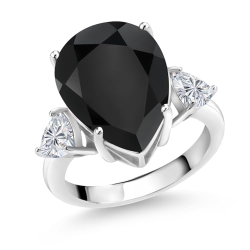 Gem Stone King 925 Sterling Silver Black Onyx and Lab Grown Diamond Engagement Ring For Women | 8.11 Cttw | Pear Shape 16X12MM and Trillion 5MM | Gemstone Birthstone | Available in Size 5,6,7,8,9