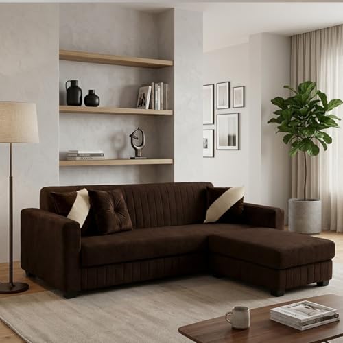 Image of SLEEPIFY Avren 3 Seater Velvet Fabric Sofa Set with 1 Ottoman (Dark Brown) | Premium Soft Velvet | Plush Comfort Cushions | Modern Living Room Sofa