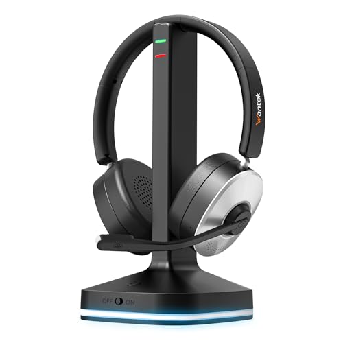 Wantek Casque Bluetooth sans Fil avec Micro, Casque sans Fil avec Station de Charge, Dongle USB, Casque Bluetooth avec Microphone pour PC Bureau Zoom Skype...