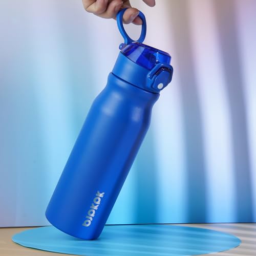 Image of BJPKPK 25 oz Insulated Water Bottle, Straw, Handle, Stainless Steel Flask | Leak Proof Locking Lid, Thermal, Double Wall Vacuum, Keeps Hot /Cold, BPA Free, Dishwasher Safe, Travel & Sports, Blue