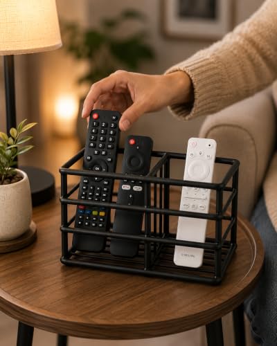 Image of Craft Mshopr Black Iron Remote Control Holder Rack, 2 Compartment TV Remote Organizer, Tabletop Remote Storage Stand for Living Room, Bedroom, Desk & Bedside, 6.75 x 3.25 x 4.5 Inches