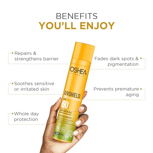 Image of Oshea Herbals UV Shield 7-in-1 Sunscreen Serum SPF 60 PA+++ | Broad Spectrum Sunscreen for Men & Women | Lightweight Face Serum with Skin Brightening & Hydration | 50ml