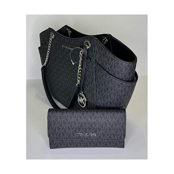 Michael Kors Jet Set Travel Large Chain Shoulder Tote bundled with Travel Trifold Wallet (Signature MK Black)