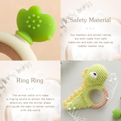 JETM·HH Teether Ring Wooden Baby Rattle Crochet Green Dinosaur Set | Infant Teething Toy | BPA Free Silicone Chewable Rings with Organic Featuring Multiple Textures | Crochet Rattle Baby - Thumbnail 3