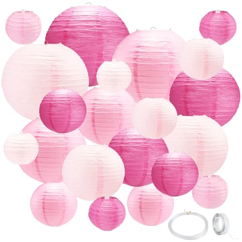 21Pcs Pink Paper Lanterns 4681012 Hanging Round Paper Lanterns Decorations Indoor Outdoor with Tape and String for Graduation Birthday Barbie Party Galentines Day Baby Shower Decorations