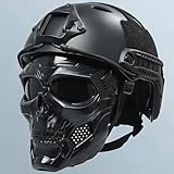 Tactical Airsoft Helmet with Full Face Mask, Black Military Style Paintball Protection Gear, Detachable Goggles, NVG Mount, Side Rail (Skullgray)