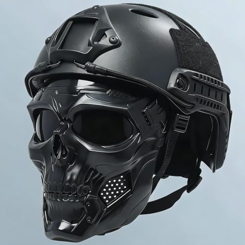 Tactical Airsoft Helmet with Full Face Mask, Black Military Style Paintball Protection Gear, Detachable Goggles, NVG Mount, Side Rail (Skullgray)