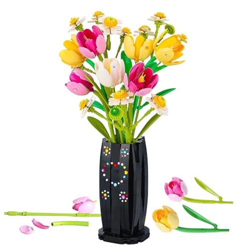 KBIBCK Tulpen Bausteine Blumen Set, Blumen Bausteine Set, 1250 PCS Tulpen Blumen Bauspielzeugset mit Vase, Künstliche Blumen Bausatz für Erwachsene, DIY Botanik-Kollektion Hausdeko für Frauen, Mädchen