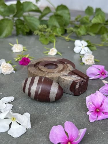 Image of Shivam VASTU AKAL 1.5 inch Original Narmadeshwar Narmada Shivling with 3 inch Narmada Stone Yoni Base Jaladhari (Janeudhari Shivling, Multicolor Flate Jaladhari)