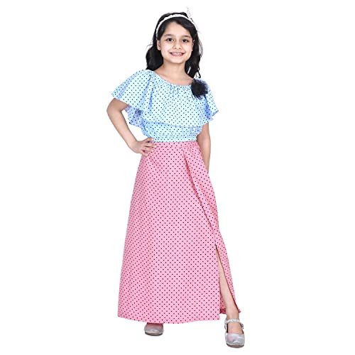 Image of LILPICKS Girls' Poly Crepe Polka Print Off Shoulder Top and Full Skirt Set (Vintage Blue and Dusky Pink)
