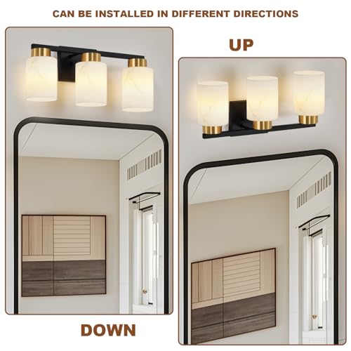 Image of 3-Light Bathroom Light Fixtures, Modern Vanity Lights, Black and Gold Metal Wall Lamp with White Marble Glass for Bathroom, Mirror, Living Room, Bedroom, Cabinet, Porch, Hallway, E26 Base