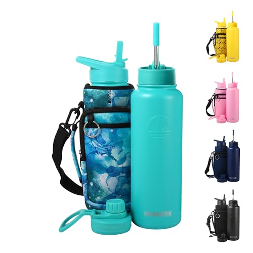 FAHRMOSIS 40 Oz Water Bottle with Strap Stainless Steel Sports Water Bottle with 3 Lids (Straw, Chug...