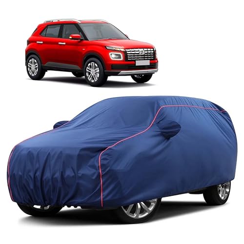 Image of Sulfar 100% Water Resistant Car Body Cover Compatible with Mirror for Hyundai Venue (Triple Stitched, Full Bottom Elastic, Blue Taffeta with Red Piping)
