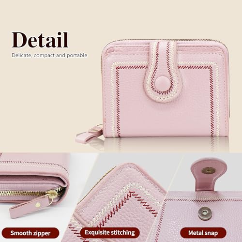 Women Card Wallets, Leather Small Wallet for Women Vintage Fashion Credit Card Holder with Zipper Pocket (Pink)3