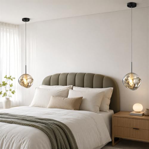 Image of Modern Gray Glass Pendant Lights with 2 Pack, 7.9 inch Concave Mini Pendant Light Fixtures with Adjustable Hanging Cord, Kitchen Island Lighting for Dining Room Bedroom Bar,entryway,Hallway