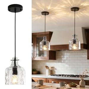 2 Pack Black Hammered Clear Glass Pendant Light, Height Adjustable Modern Farmhouse Hanging Light Fixture, E26 Base Kitchen Island Pendant Lights for Dining Room, Bedroom, Hallway, Sink,