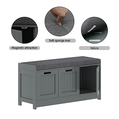 JEROAL Storage Bench, Shoe Bench with Storage, Modern Entryway Bench with 3 Cabinets, Storage Shoe Bench with Padded Cushion, Bedroom Bench Seat, Grey