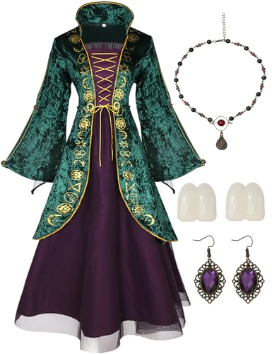 Drofe Witch Cosplay Dress halloween Outfit, Green Dress Robes Cape