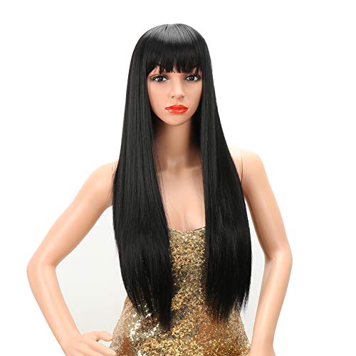 SaiDi 28 Inch Long Straight Black Wig with Bangs Natural Heat Resistant Synthetic Wigs for Women Daily and Party Use(1B with Bangs)