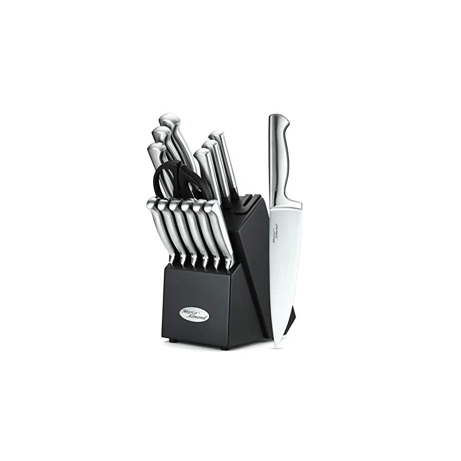 14 Pieces Stainless Steel Chef Cutlery Kitchen Knives Block Set with Built-in Sharpener
