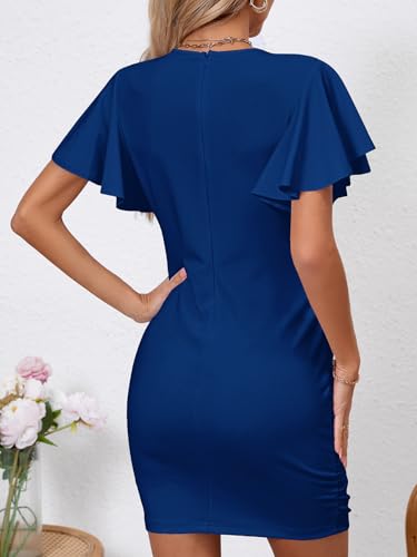 Image of Women's Sexy V Neck Ruffle Sleeve Bodycon Mini Cocktail Party Dress Casual Short Sleeve Work Dress