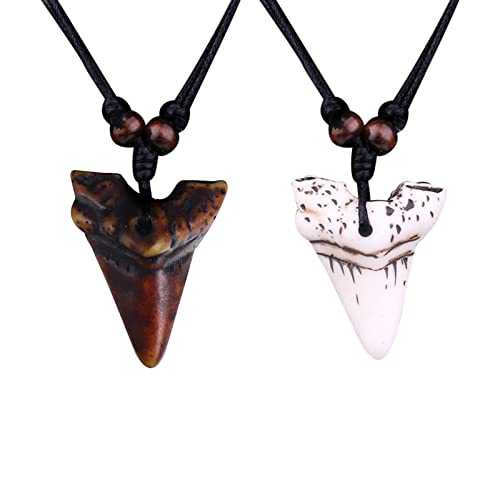 COLORFUL BLING Shark Tooth Pendant Necklaces Shark Teeth Wax Rope Necklace Summer Beach Resin Tooth Shaped Pendant Surfer Leather Necklaces for Women Men