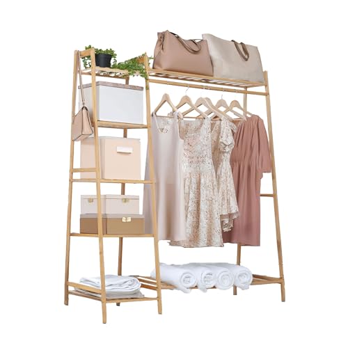 Neo Natural Bamboo Garment Clothes Rack Storage Shelf Hanging Rail Side Hooks for Entryway Bedroom Bathroom and Office - Image 6