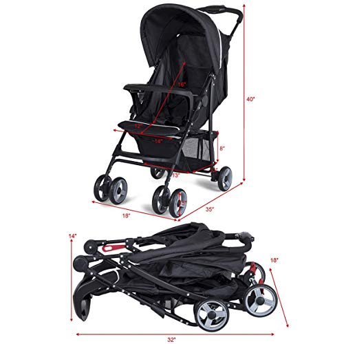 Baby Joy Lightweight Stroller, Compact Toddler Travel Stroller For Airplane, Infant Stroller W/Adjustable Backrest/Footrest/Canopy, 5-Point Harness, Storage Basket, Easy One-Hand Fold, Black #TOP6