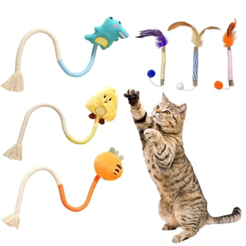 SahCognitual Catnip Toys for Indoor Cats, 6Pack Sisal Rope Toys for Cat Playing Chewing Teeth-Cleaning, Interactive Cat Chew Toy in Assorted Colors for Cats and Kitten
